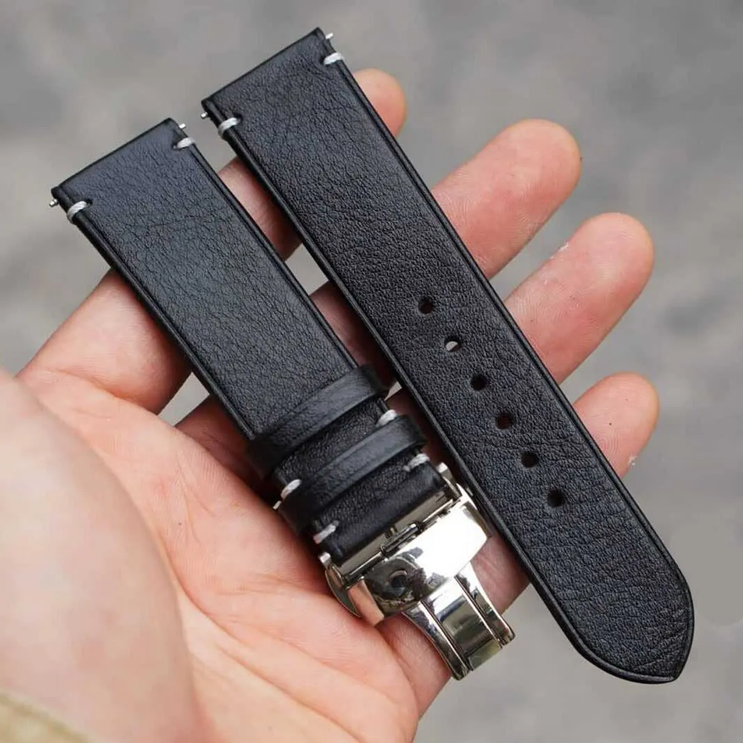 Premium Quality Black Vachetta leather watch strap, Handmade Vintage Cow leather watch band (19mm, Steel Folding Clasp)