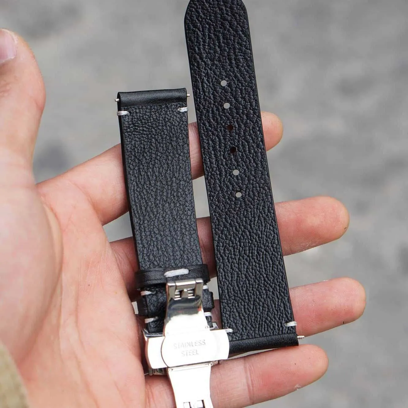 Premium Quality Black Vachetta leather watch strap, Handmade Vintage Cow leather watch band (19mm, Steel Folding Clasp)