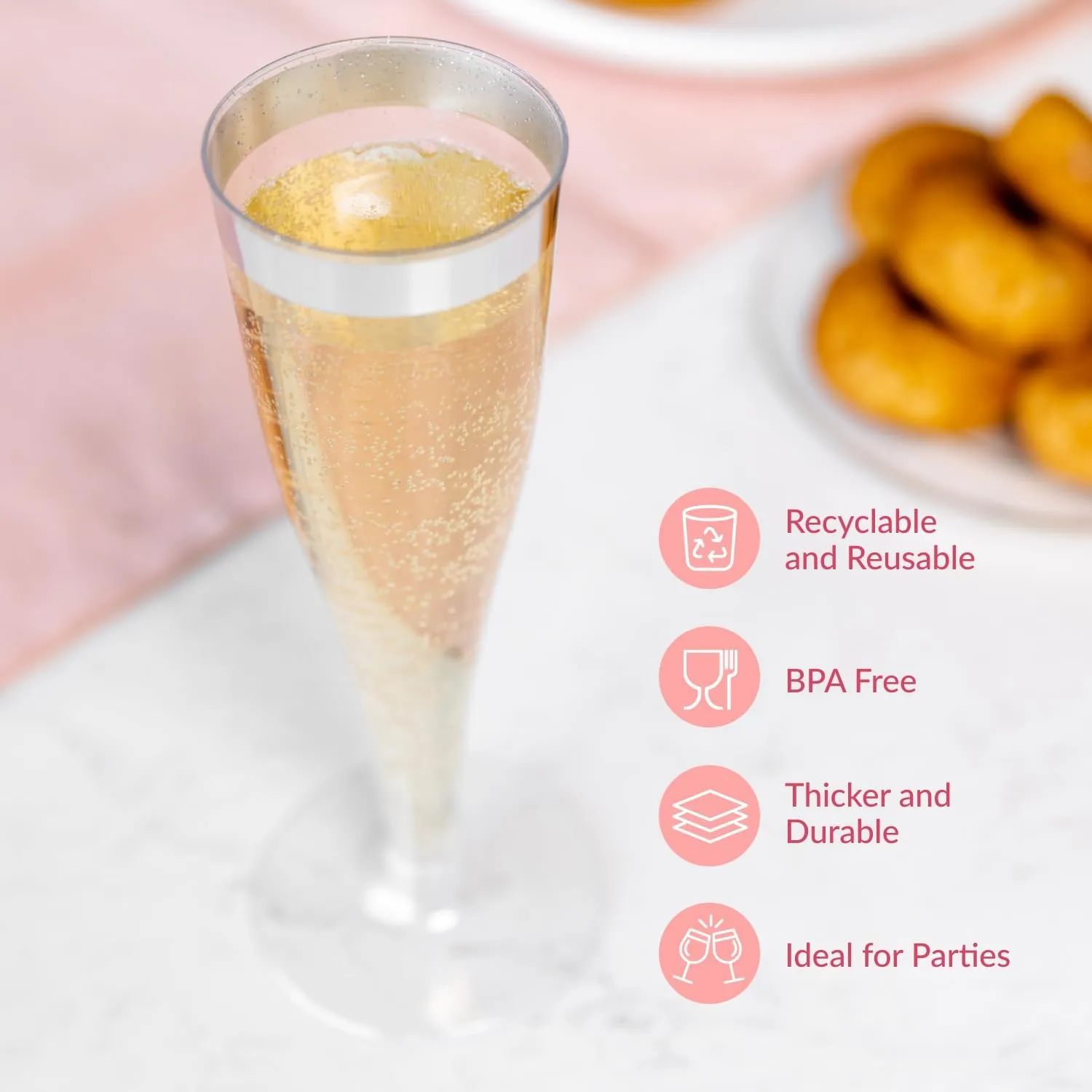 Prestee Set of 24 Silver Glitter Plastic Champagne Flutes - 6 oz Capacity - Shatterproof Durable Disposable Glasses - Elegant Design - Ideal for Weddings, Cocktail Parties, and Outdoor Celebrations