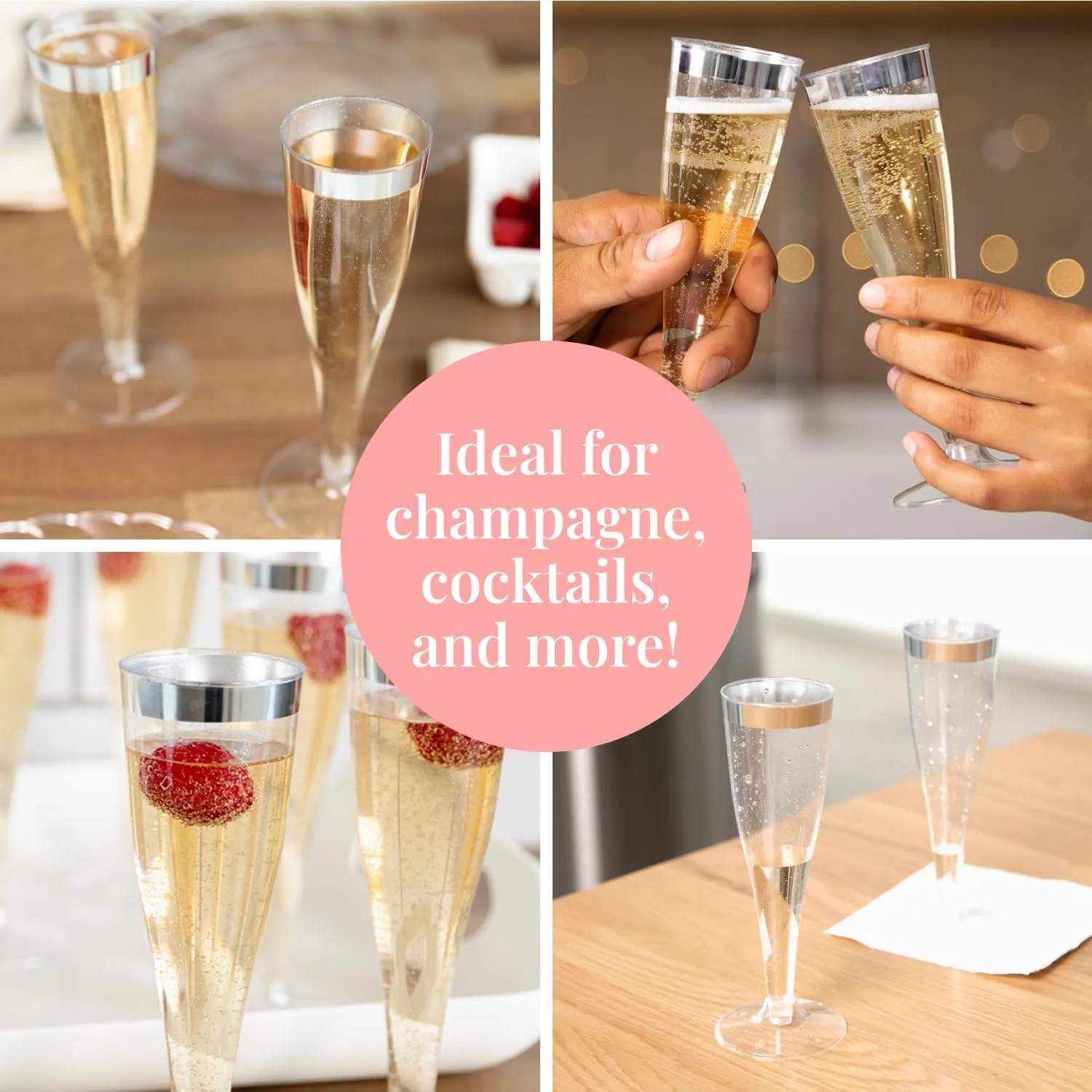 Prestee Set of 24 Silver Glitter Plastic Champagne Flutes - 6 oz Capacity - Shatterproof Durable Disposable Glasses - Elegant Design - Ideal for Weddings, Cocktail Parties, and Outdoor Celebrations