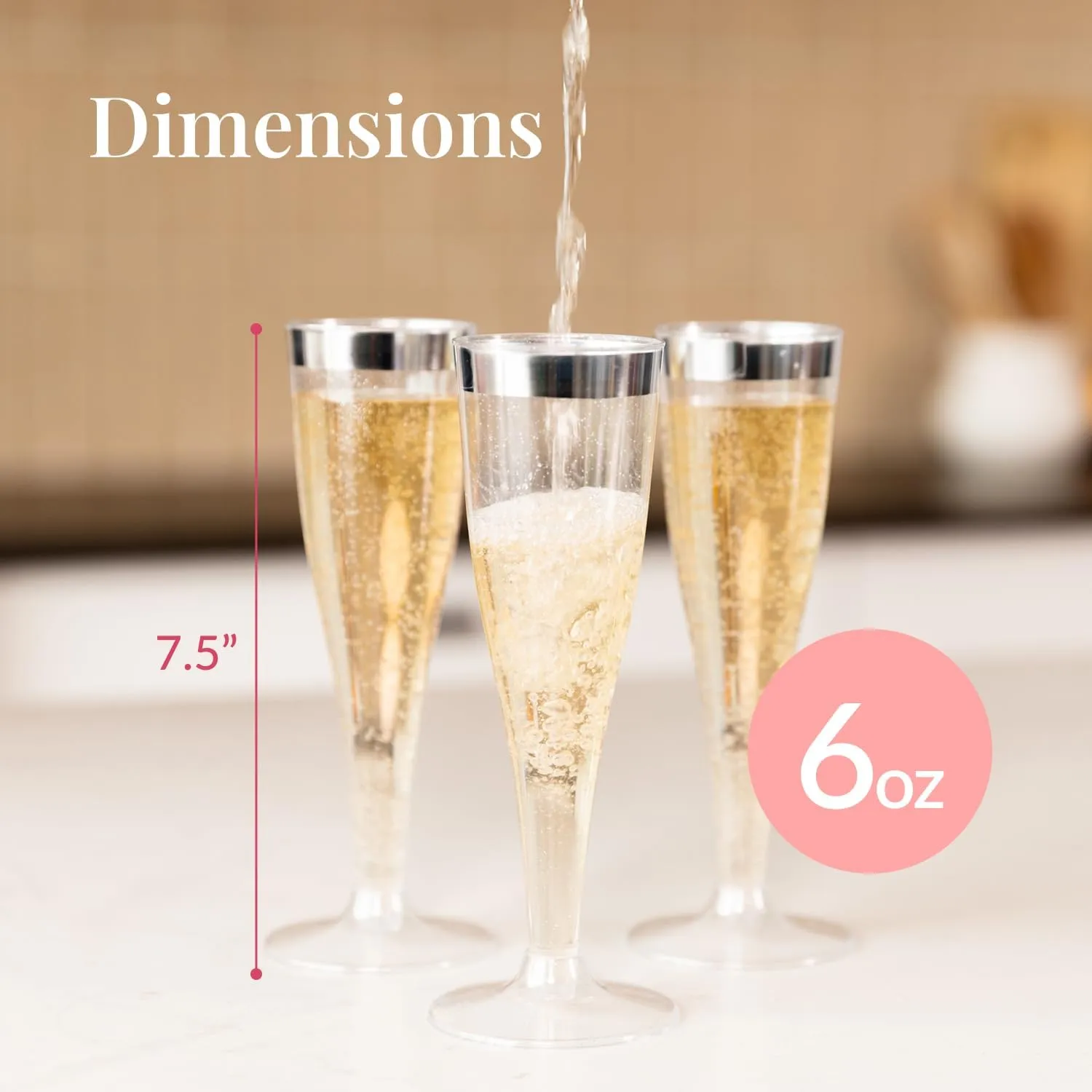 Prestee Set of 24 Silver Glitter Plastic Champagne Flutes - 6 oz Capacity - Shatterproof Durable Disposable Glasses - Elegant Design - Ideal for Weddings, Cocktail Parties, and Outdoor Celebrations