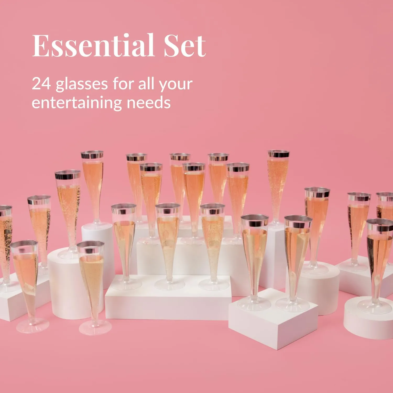 Prestee Set of 24 Silver Glitter Plastic Champagne Flutes - 6 oz Capacity - Shatterproof Durable Disposable Glasses - Elegant Design - Ideal for Weddings, Cocktail Parties, and Outdoor Celebrations