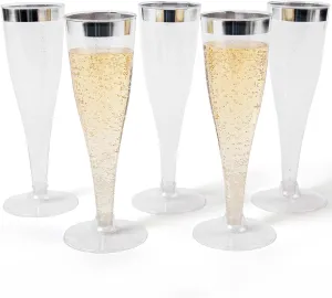 Prestee Set of 24 Silver Glitter Plastic Champagne Flutes - 6 oz Capacity - Shatterproof Durable Disposable Glasses - Elegant Design - Ideal for Weddings, Cocktail Parties, and Outdoor Celebrations