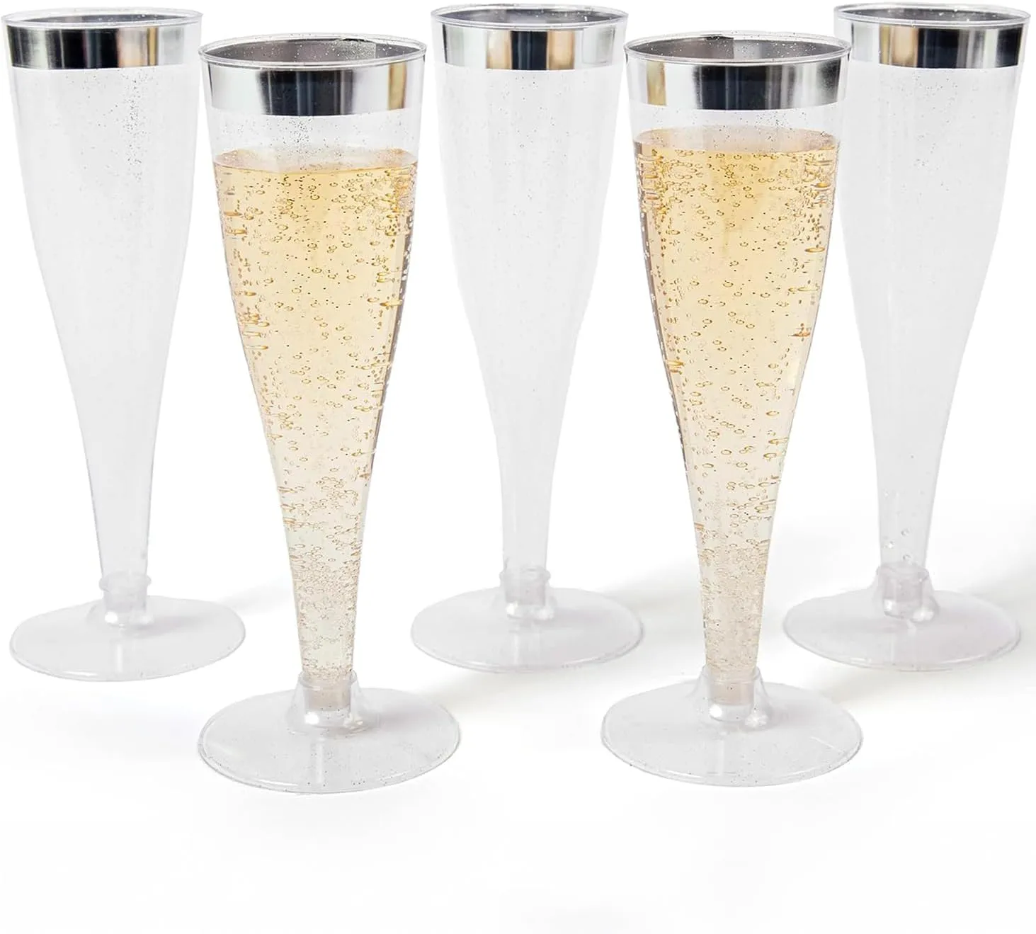 Prestee Set of 24 Silver Glitter Plastic Champagne Flutes - 6 oz Capacity - Shatterproof Durable Disposable Glasses - Elegant Design - Ideal for Weddings, Cocktail Parties, and Outdoor Celebrations