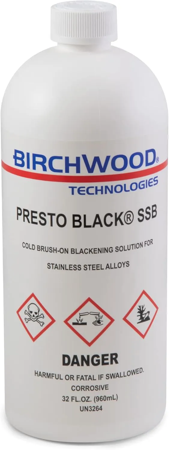 Presto Black Stainless Steel Blackener (SSB) by Birchwood Technologies - Cold Brush on Blackening Solution for Stainless alloys, Traditional Patina Stainless Black Oxide Touch-up (1 Quart)