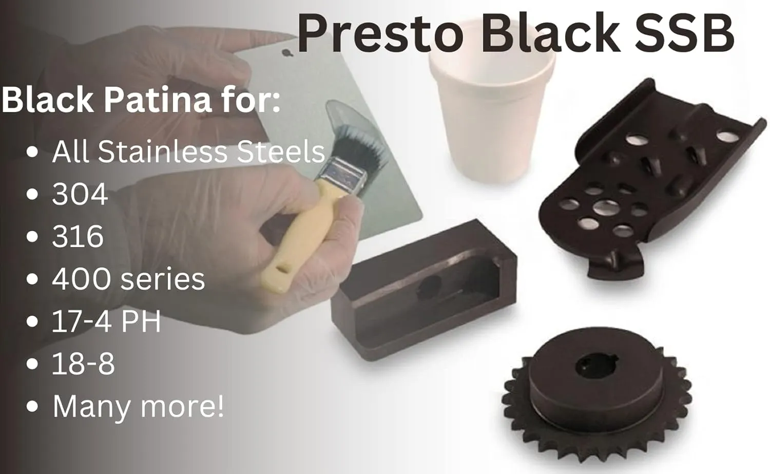 Presto Black Stainless Steel Blackener (SSB) by Birchwood Technologies - Cold Brush on Blackening Solution for Stainless alloys, Traditional Patina Stainless Black Oxide Touch-up (1 Quart)