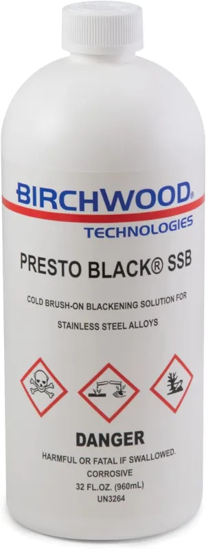 Presto Black Stainless Steel Blackener (SSB) by Birchwood Technologies - Cold Brush on Blackening Solution for Stainless alloys, Traditional Patina Stainless Black Oxide Touch-up (1 Quart)