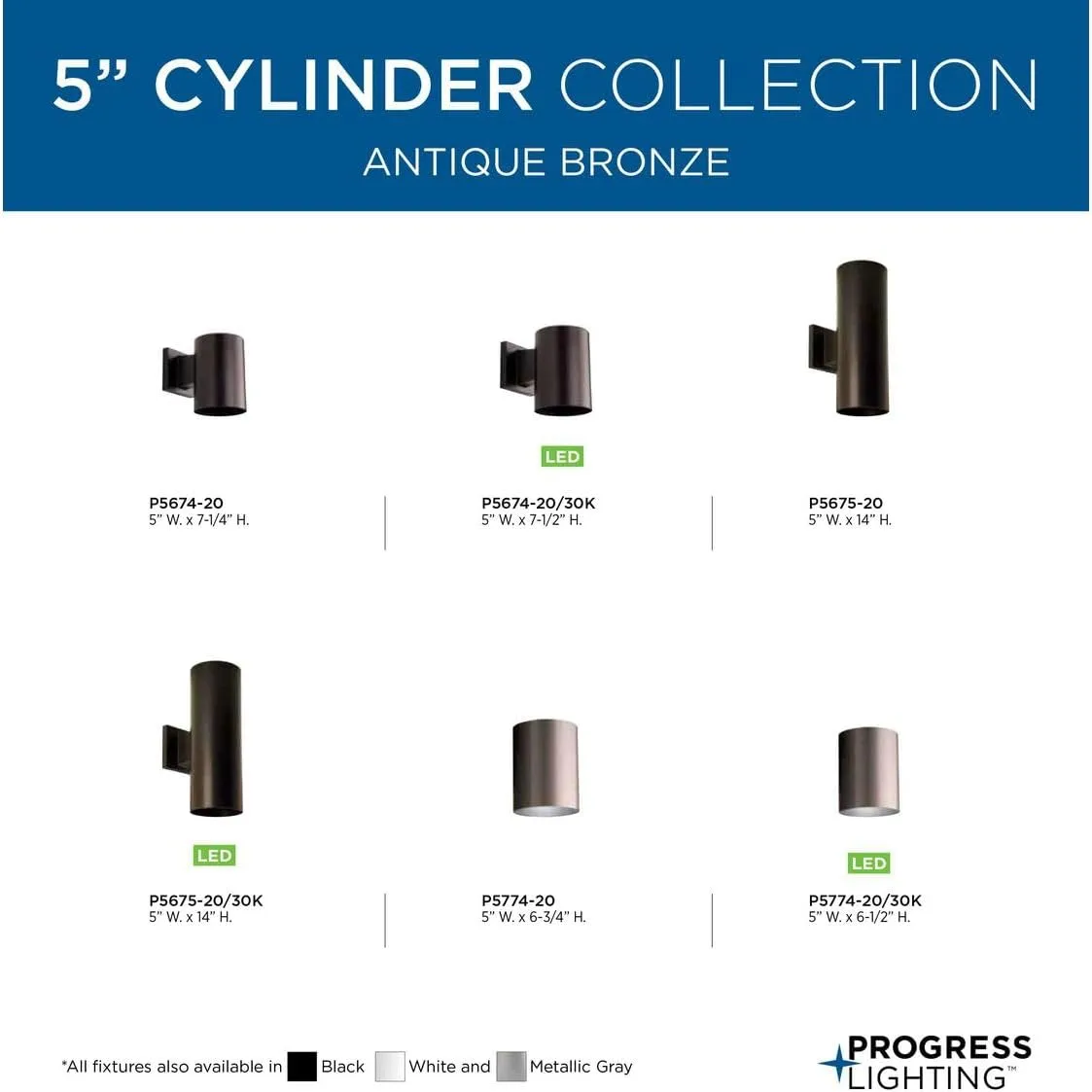 Progress Lighting P5675-20/30K 5in Cylinder Modern Outdoor Wall Lantern Light, 14 Inch Tall, Antique Bronze (LED)