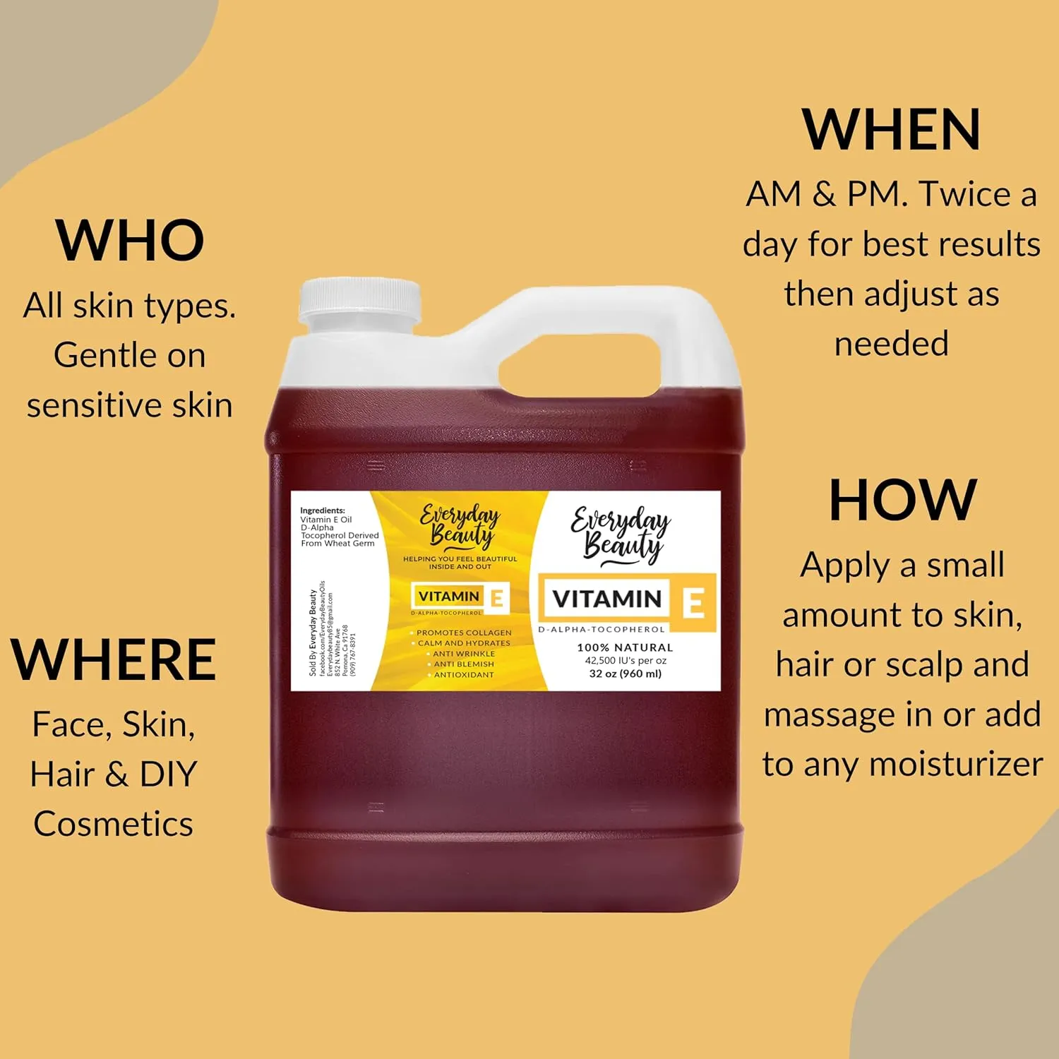 Pure Vitamin E Oil Bulk - 32 oz D-Alpha Tocopherol 100% Pure & All Natural 42,500 IU per oz - Not a Blend, Thick, Amber Color - from Wheat Germ - Face Body Hair - DIY Cosmetics & After Surgery Scars