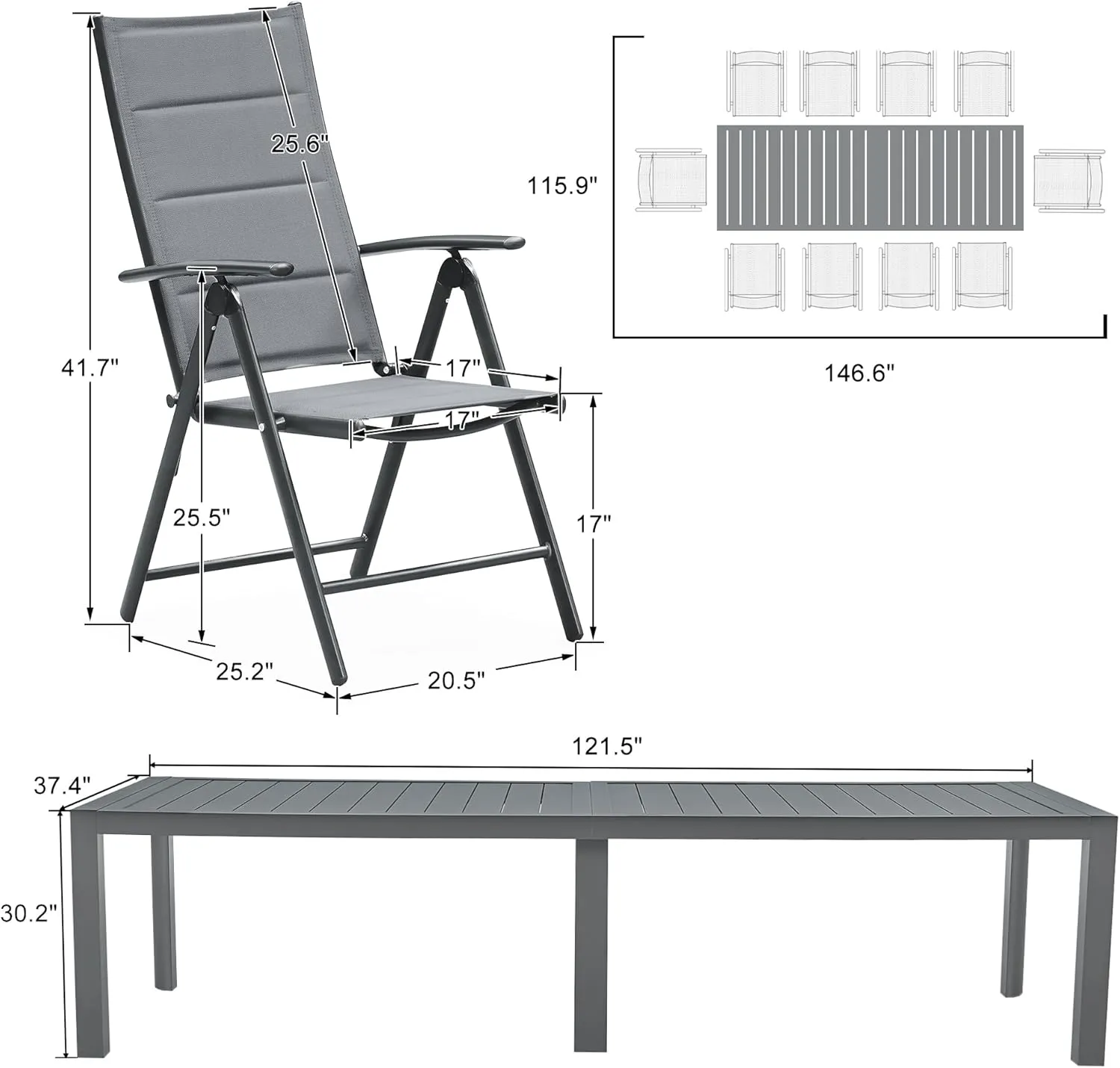 PURPLE LEAF 11 Pieces Outdoor Patio Dining Set with 10 Folding Portable Chairs and 1 Rectangle Aluminum Table, Foldable Adjustable High Back Reclining Chairs with Soft Cotton-Padded Seat, Grey