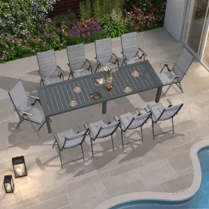 PURPLE LEAF 11 Pieces Outdoor Patio Dining Set with 10 Folding Portable Chairs and 1 Rectangle Aluminum Table, Foldable Adjustable High Back Reclining Chairs with Soft Cotton-Padded Seat, Grey