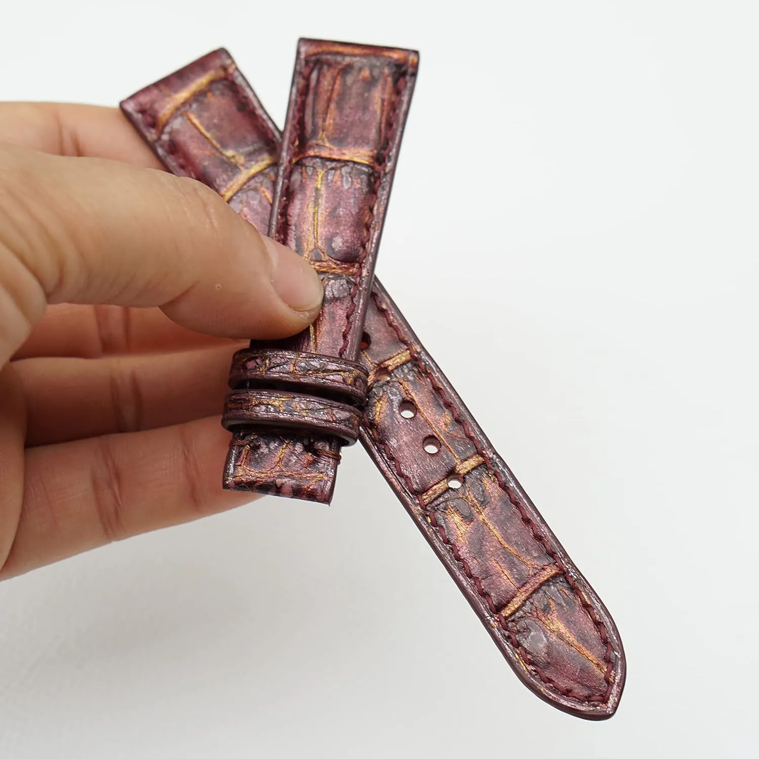 Purple Patina Alligator watch strap, Handcrafted Alligator leather watch band Patina style (24mm, Steel Folding Clasp)