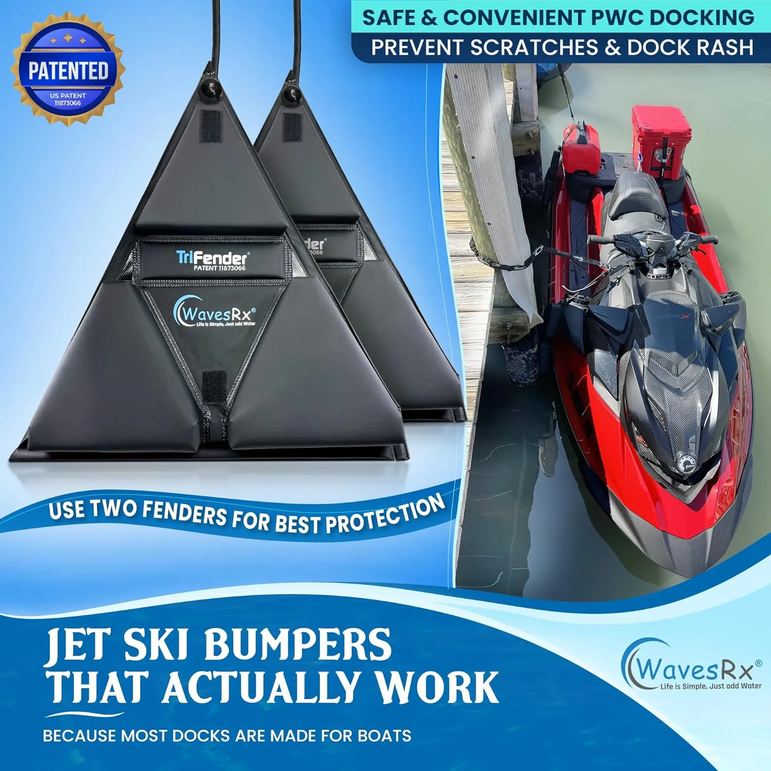 PWC Fender Bumper   Soft Loop Cleats | Safe and Convenient Jet Ski Docking | Patented TriFender Protects Jetski from Dock Rash & Scratches | Easy-to-Store Folding Design   Adjustable Bungee