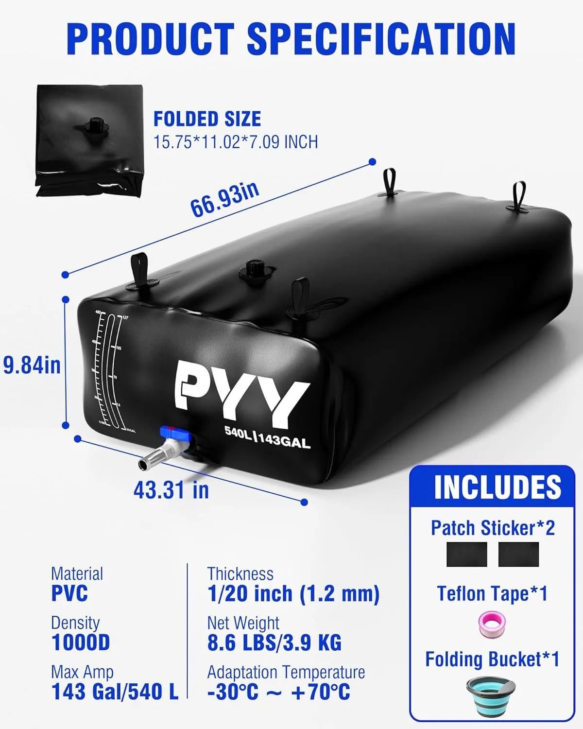 PYY Portable 143 Gallon Water Bladder - Truck Bed,Carrier Cart, Large Water Bob Bathtub Emergency Water Bladders for Outdoor RV & Car Camping,Water Storage Bladder with Spigot,Overflow Kit-Black 540L