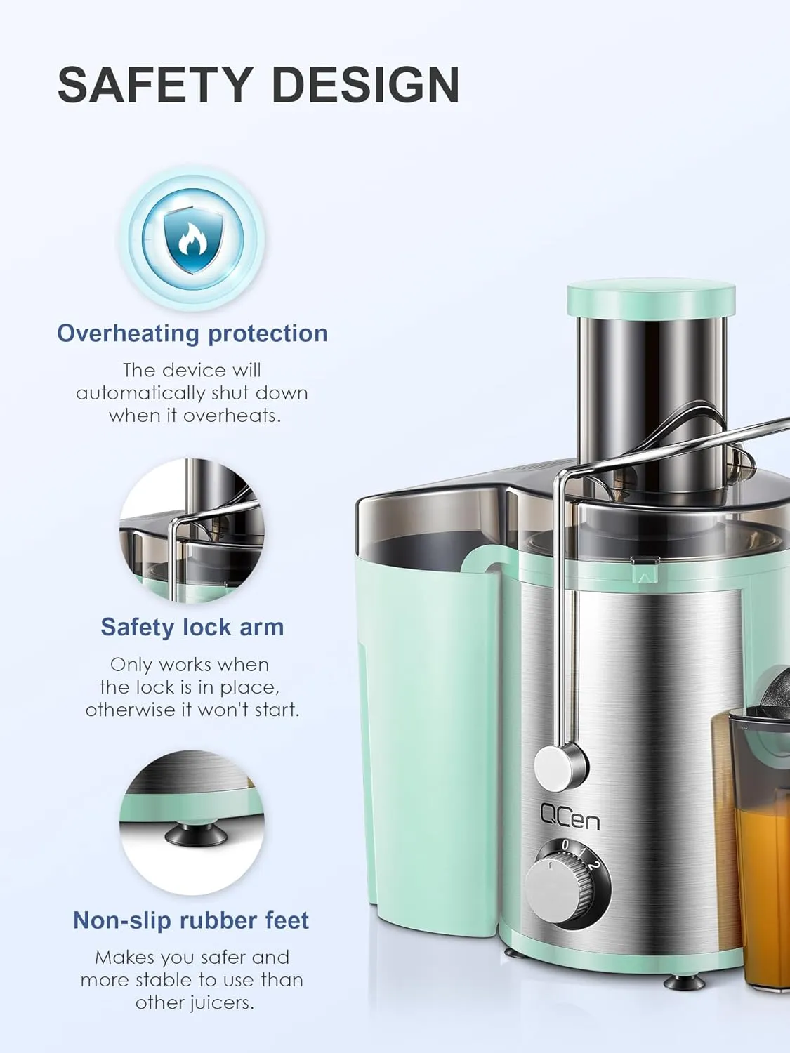 QCen Juicer Machine, 800W Centrifugal Juicer Extractor with Wide Mouth 3” Feed Chute for Fruit Vegetable, Easy to Clean, Stainless Steel, BPA-free (Aqua)