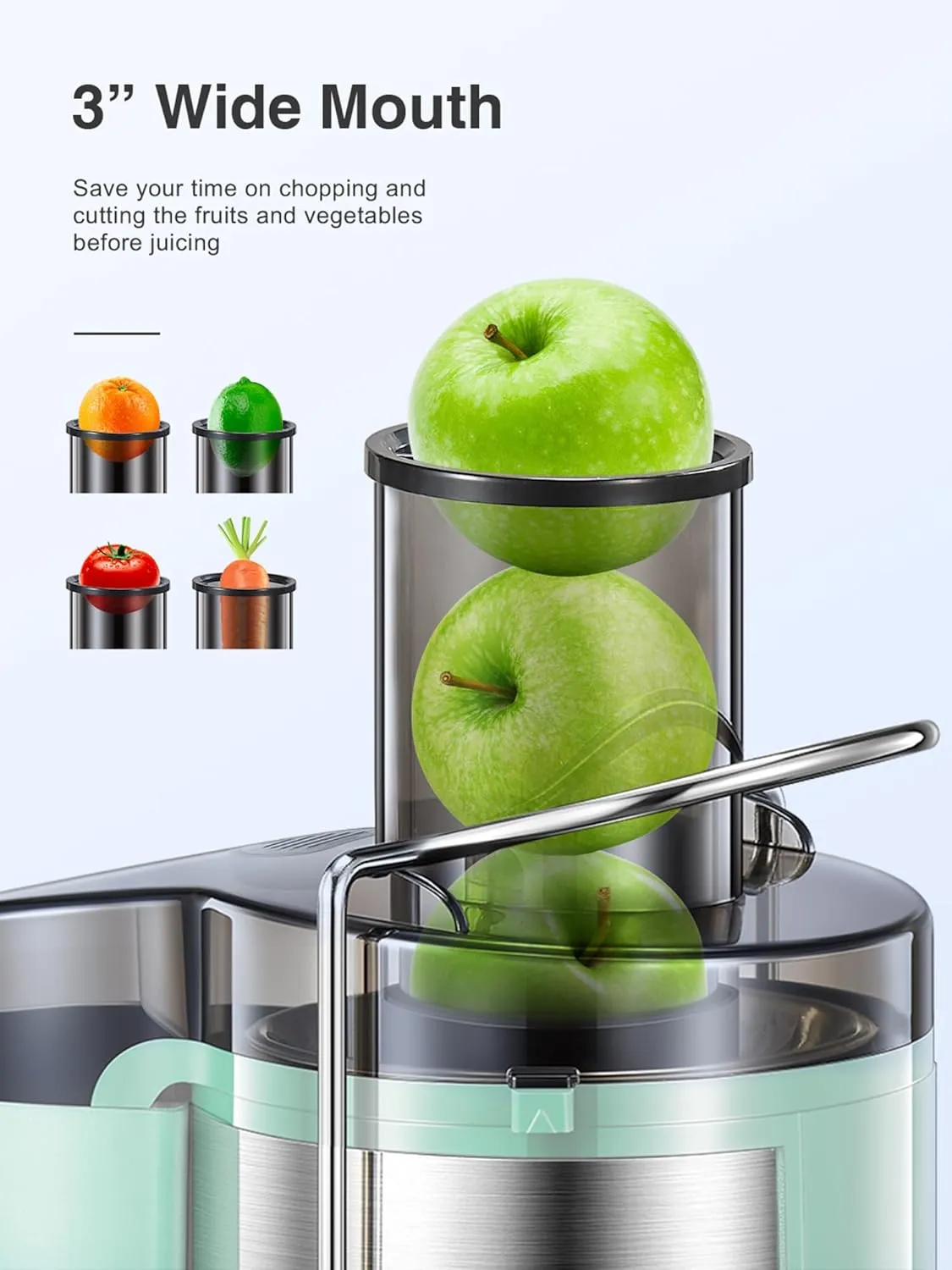 QCen Juicer Machine, 800W Centrifugal Juicer Extractor with Wide Mouth 3” Feed Chute for Fruit Vegetable, Easy to Clean, Stainless Steel, BPA-free (Aqua)