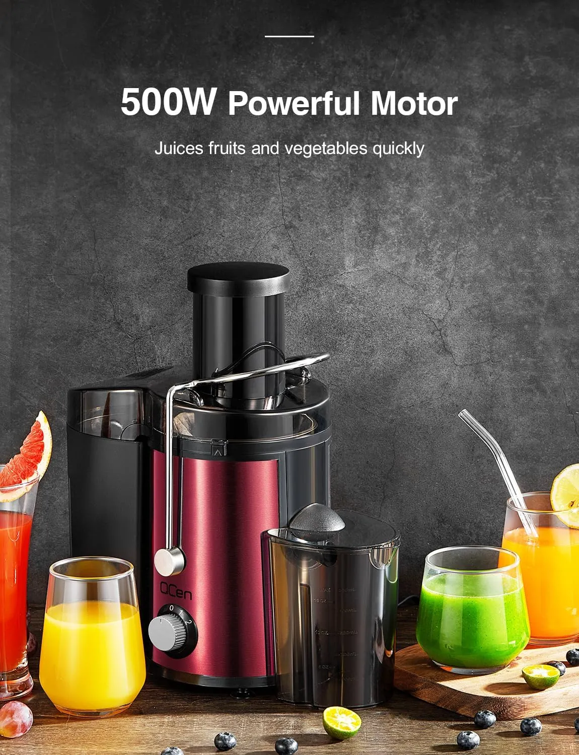 QCen Juicer Machine, 800W Centrifugal Juicer Extractor with Wide Mouth 3” Feed Chute for Fruit Vegetable, Easy to Clean, Stainless Steel, BPA-free (Metallic Red)