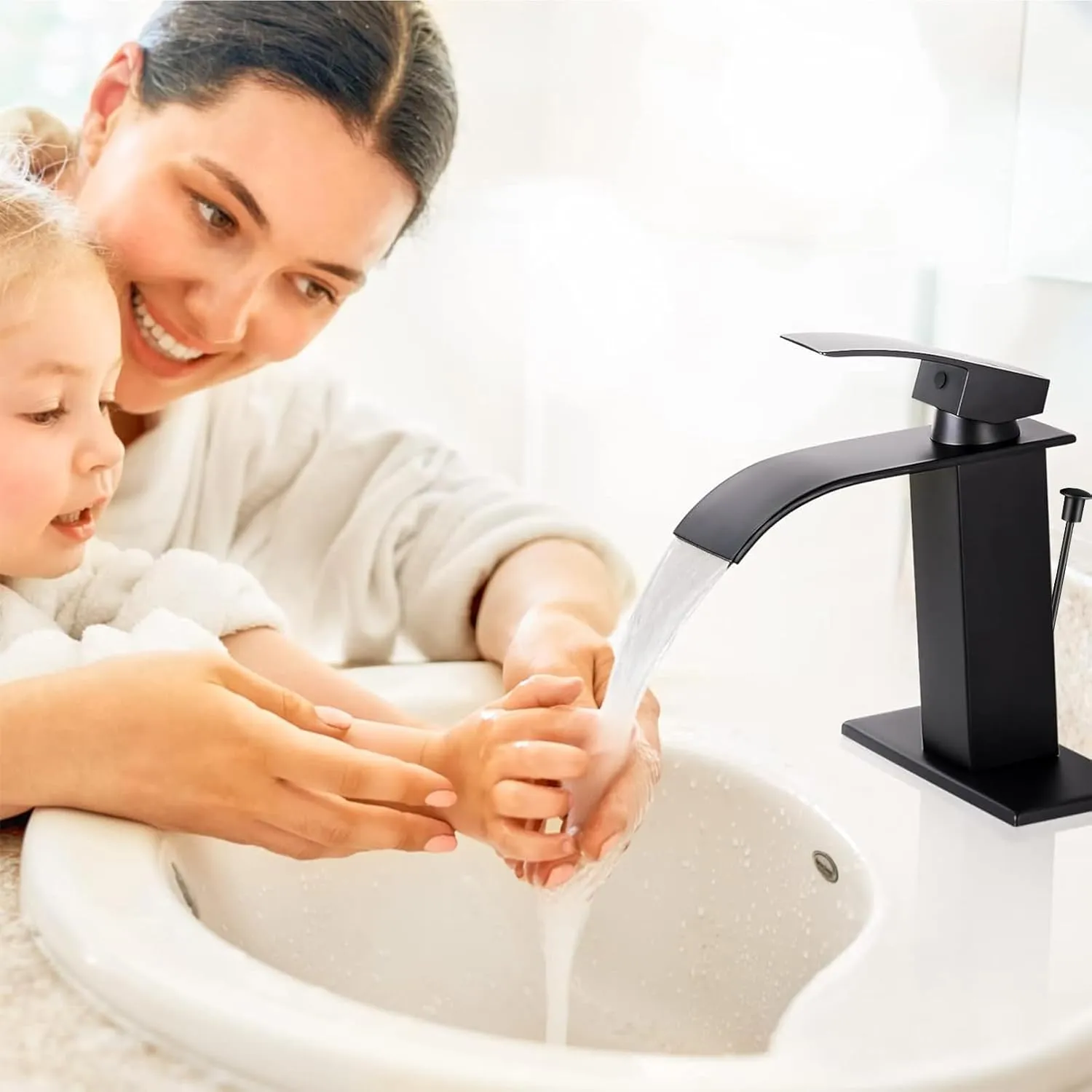 Qomolangma Waterfall Bathroom Faucet with Lift Rod Drain, Matte Black Modern Single Handle Bathroom Faucets for 1 or 3 Hole Bathroom Sink Faucet Mixer Tap Washbasin Faucet with Deck and Supply Hoses