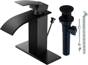 Qomolangma Waterfall Bathroom Faucet with Lift Rod Drain, Matte Black Modern Single Handle Bathroom Faucets for 1 or 3 Hole Bathroom Sink Faucet Mixer Tap Washbasin Faucet with Deck and Supply Hoses
