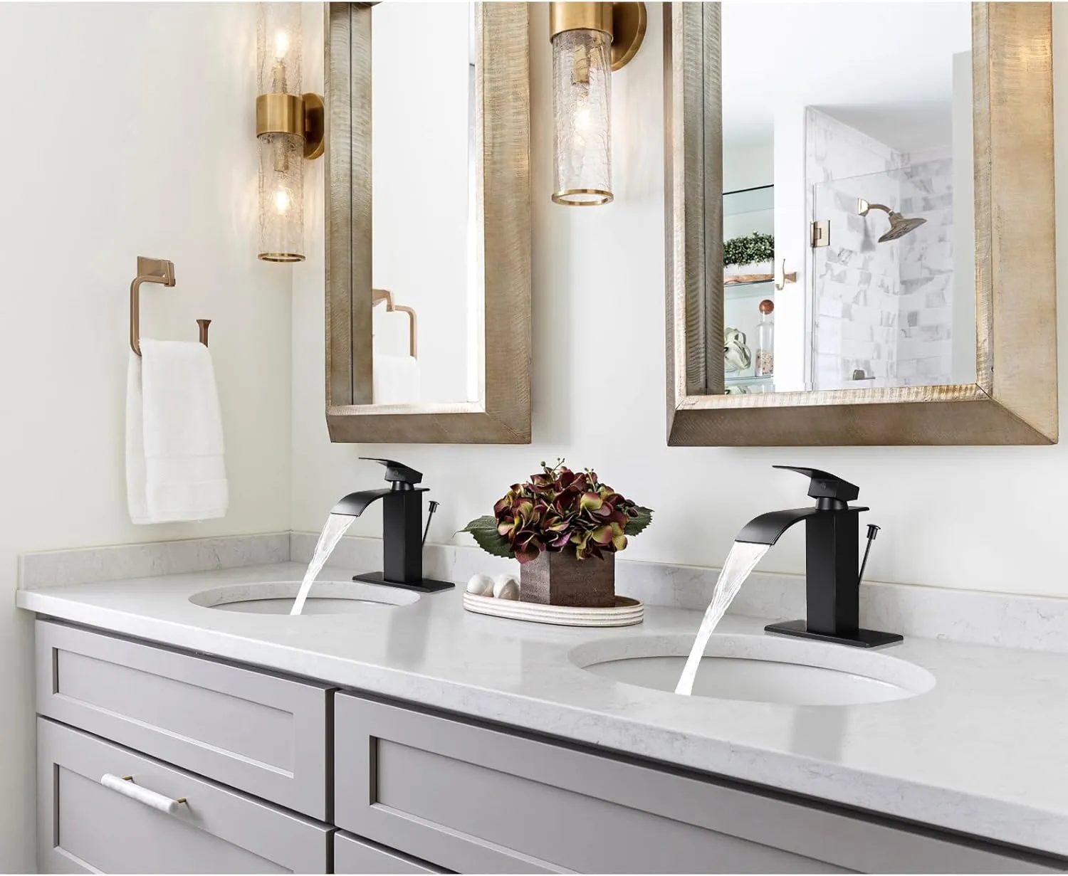 Qomolangma Waterfall Bathroom Faucet with Lift Rod Drain, Matte Black Modern Single Handle Bathroom Faucets for 1 or 3 Hole Bathroom Sink Faucet Mixer Tap Washbasin Faucet with Deck and Supply Hoses