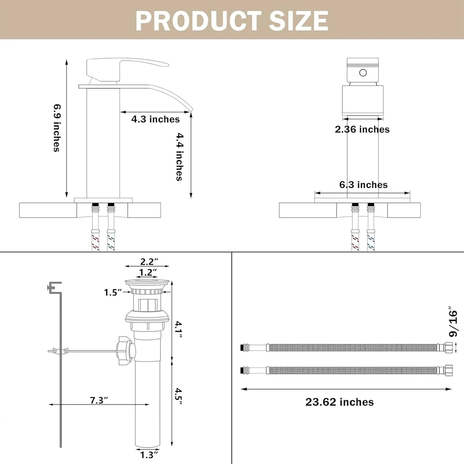 Qomolangma Waterfall Bathroom Faucet with Lift Rod Drain, Matte Black Modern Single Handle Bathroom Faucets for 1 or 3 Hole Bathroom Sink Faucet Mixer Tap Washbasin Faucet with Deck and Supply Hoses