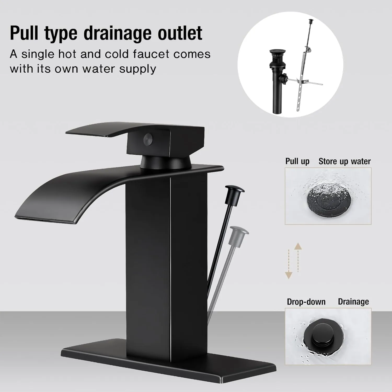 Qomolangma Waterfall Bathroom Faucet with Lift Rod Drain, Matte Black Modern Single Handle Bathroom Faucets for 1 or 3 Hole Bathroom Sink Faucet Mixer Tap Washbasin Faucet with Deck and Supply Hoses