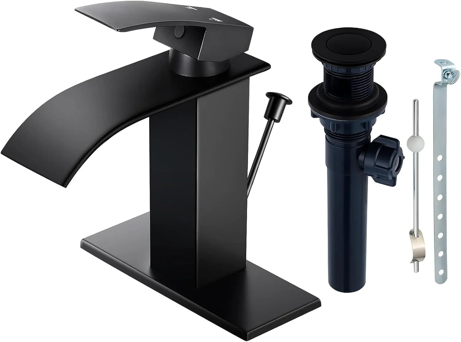 Qomolangma Waterfall Bathroom Faucet with Lift Rod Drain, Matte Black Modern Single Handle Bathroom Faucets for 1 or 3 Hole Bathroom Sink Faucet Mixer Tap Washbasin Faucet with Deck and Supply Hoses