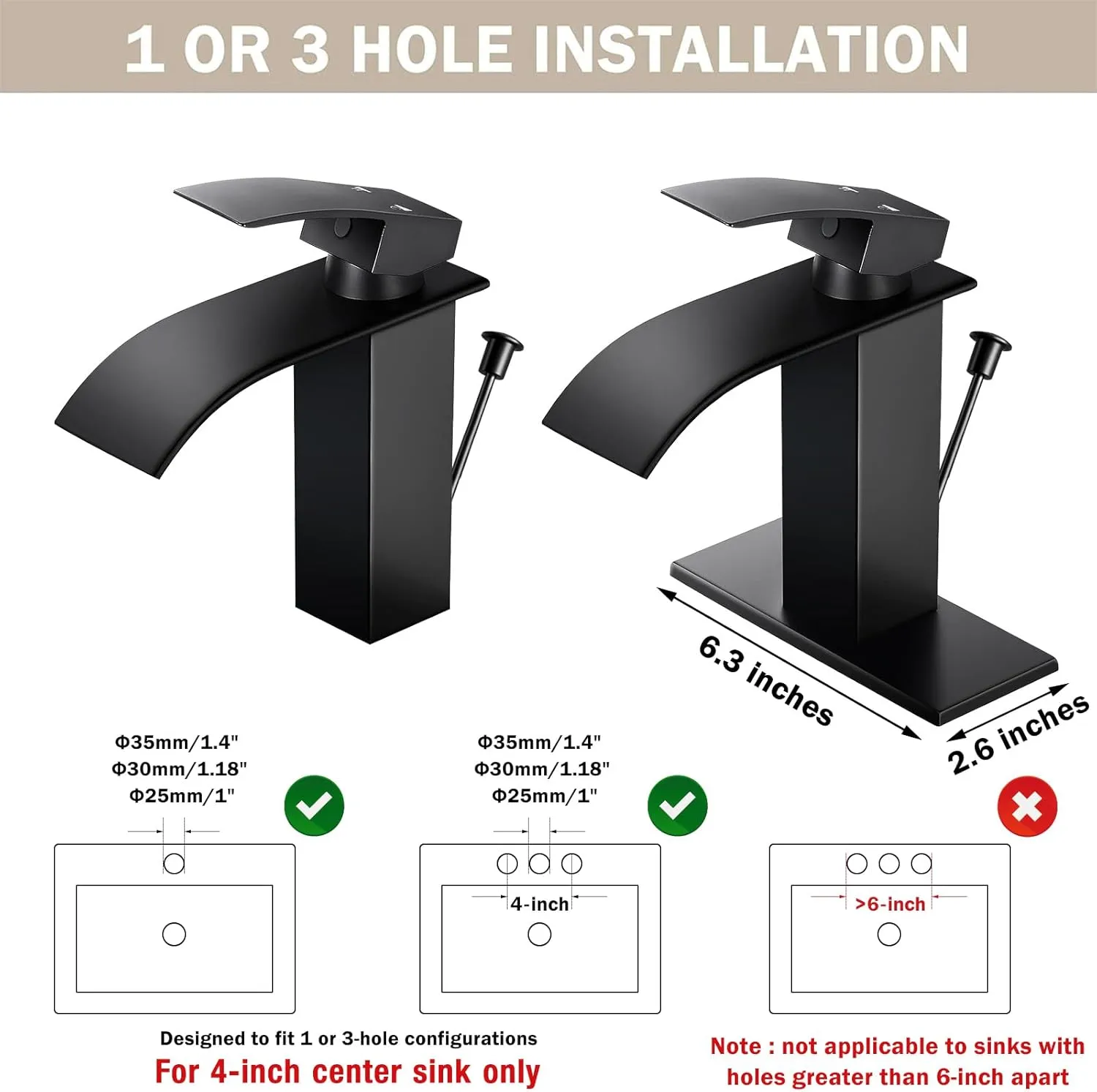 Qomolangma Waterfall Bathroom Faucet with Lift Rod Drain, Matte Black Modern Single Handle Bathroom Faucets for 1 or 3 Hole Bathroom Sink Faucet Mixer Tap Washbasin Faucet with Deck and Supply Hoses