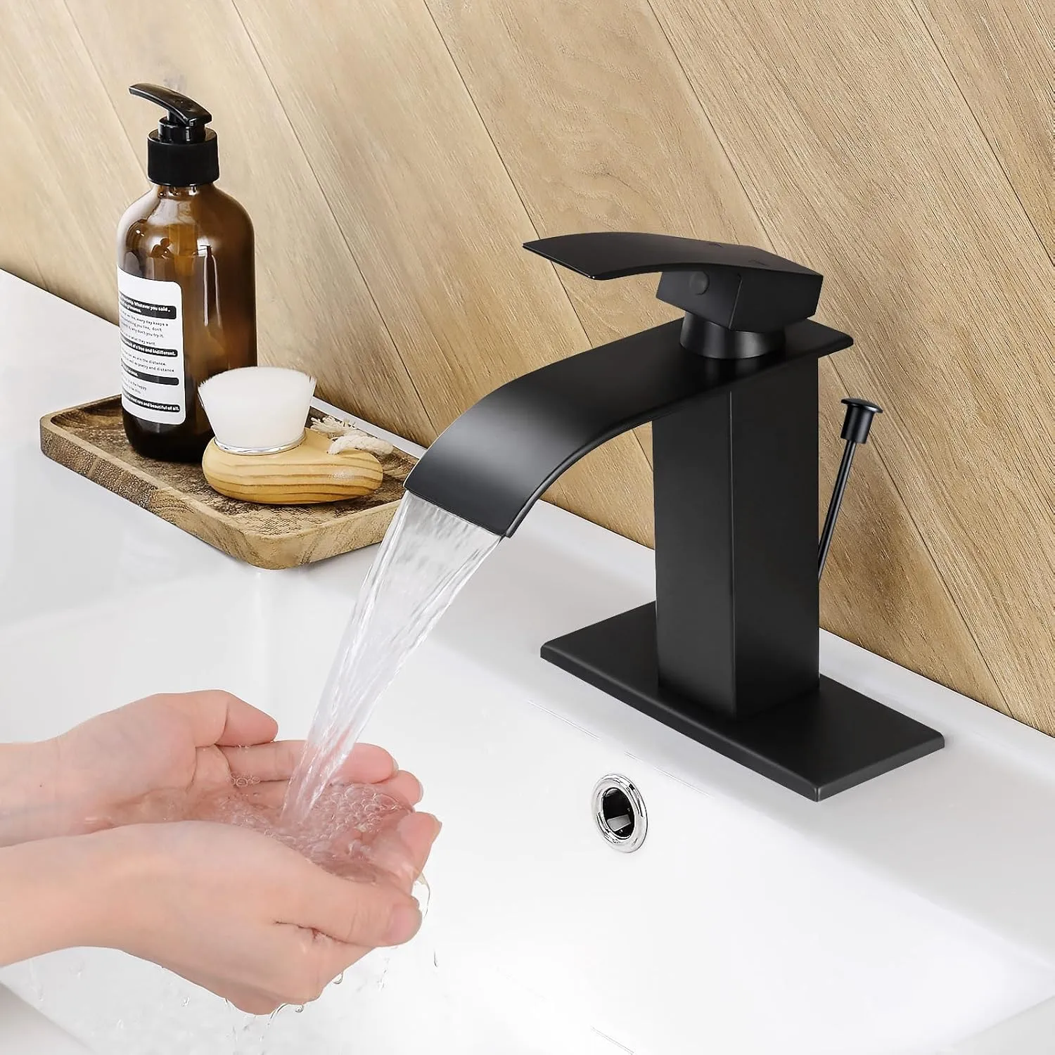 Qomolangma Waterfall Bathroom Faucet with Lift Rod Drain, Matte Black Modern Single Handle Bathroom Faucets for 1 or 3 Hole Bathroom Sink Faucet Mixer Tap Washbasin Faucet with Deck and Supply Hoses