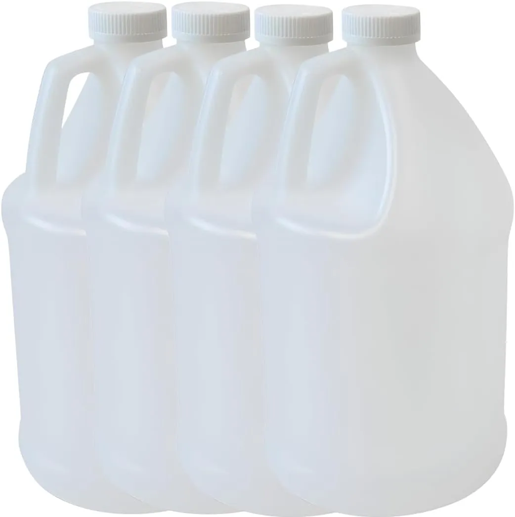 Quality Chemical Reusable 1-Gallon Plastic Jug – BPA-Free, Leak-Resistant, Secure Screw-on Lid, Ergonomic Handle, BPA Free, HDPE Plastic, Stackable, Versatile Design for Storage (Pack of 4)