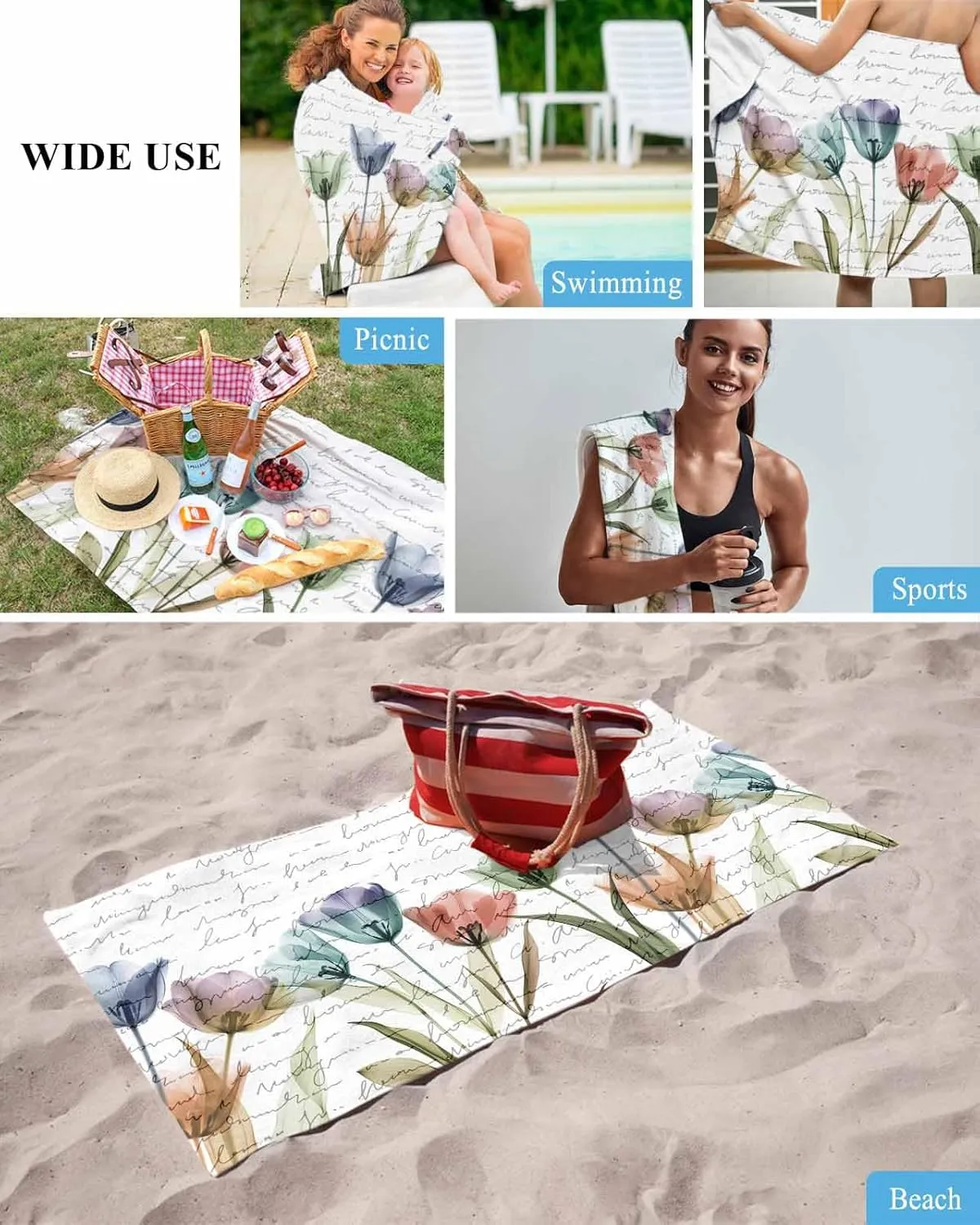 Quick-Drying Microfiber Beach Towel, Simple Modern Soft Absorbent Bath Shower Towels, Country Floral Lightweight Portable Towel/Blanket for Travel/Swimming Pool/Camping/Yoga/Gym，35x70 Inch
