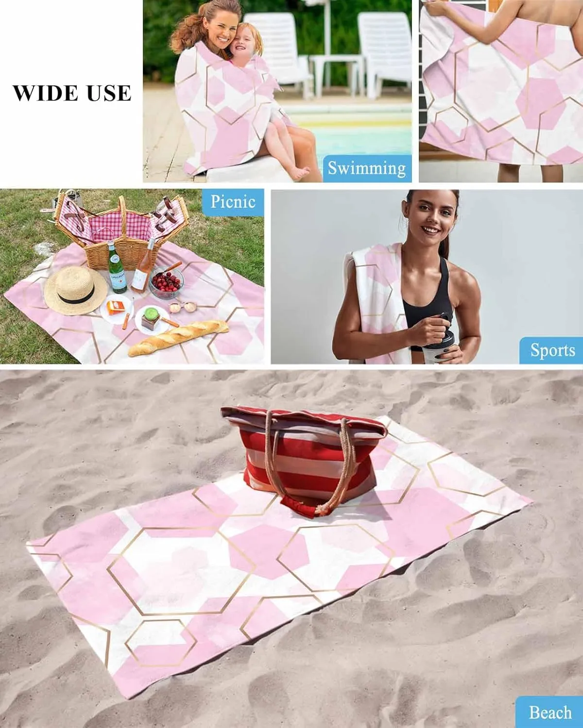 Quick-Drying Microfiber Beach Towel, Simple Soft Absorbent Bath Shower Towels, Pink Geometric Texture Lightweight Portable Towel/Blanket for Travel/Swimming Pool/Camping/Yoga/Gym，35x70 Inch