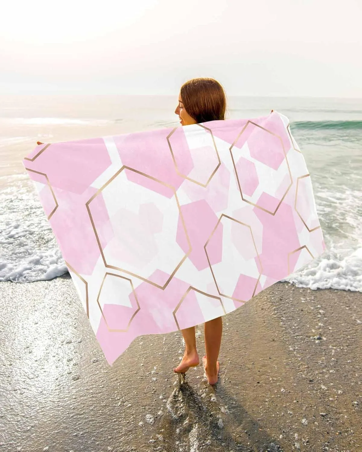 Quick-Drying Microfiber Beach Towel, Simple Soft Absorbent Bath Shower Towels, Pink Geometric Texture Lightweight Portable Towel/Blanket for Travel/Swimming Pool/Camping/Yoga/Gym，35x70 Inch