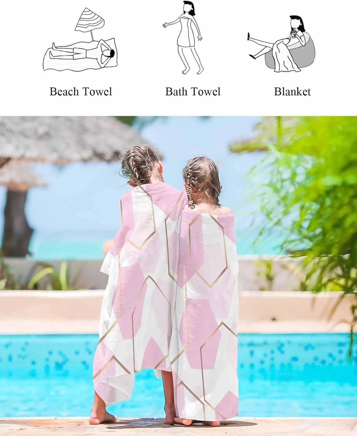 Quick-Drying Microfiber Beach Towel, Simple Soft Absorbent Bath Shower Towels, Pink Geometric Texture Lightweight Portable Towel/Blanket for Travel/Swimming Pool/Camping/Yoga/Gym，35x70 Inch