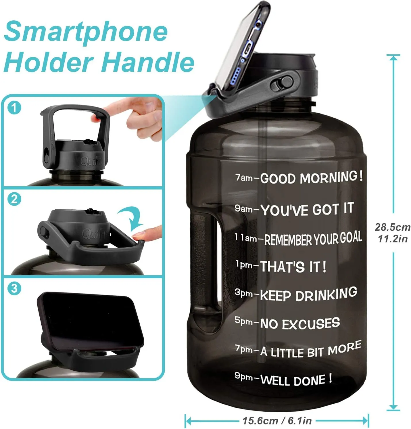 QuiFit 1 Gallon Water Bottle - with Straw & Motivational Time Marker Leak-Proof BPA Free Reusable Gym Sports Outdoor Large(128OZ/73OZ) Capacity Water Jug