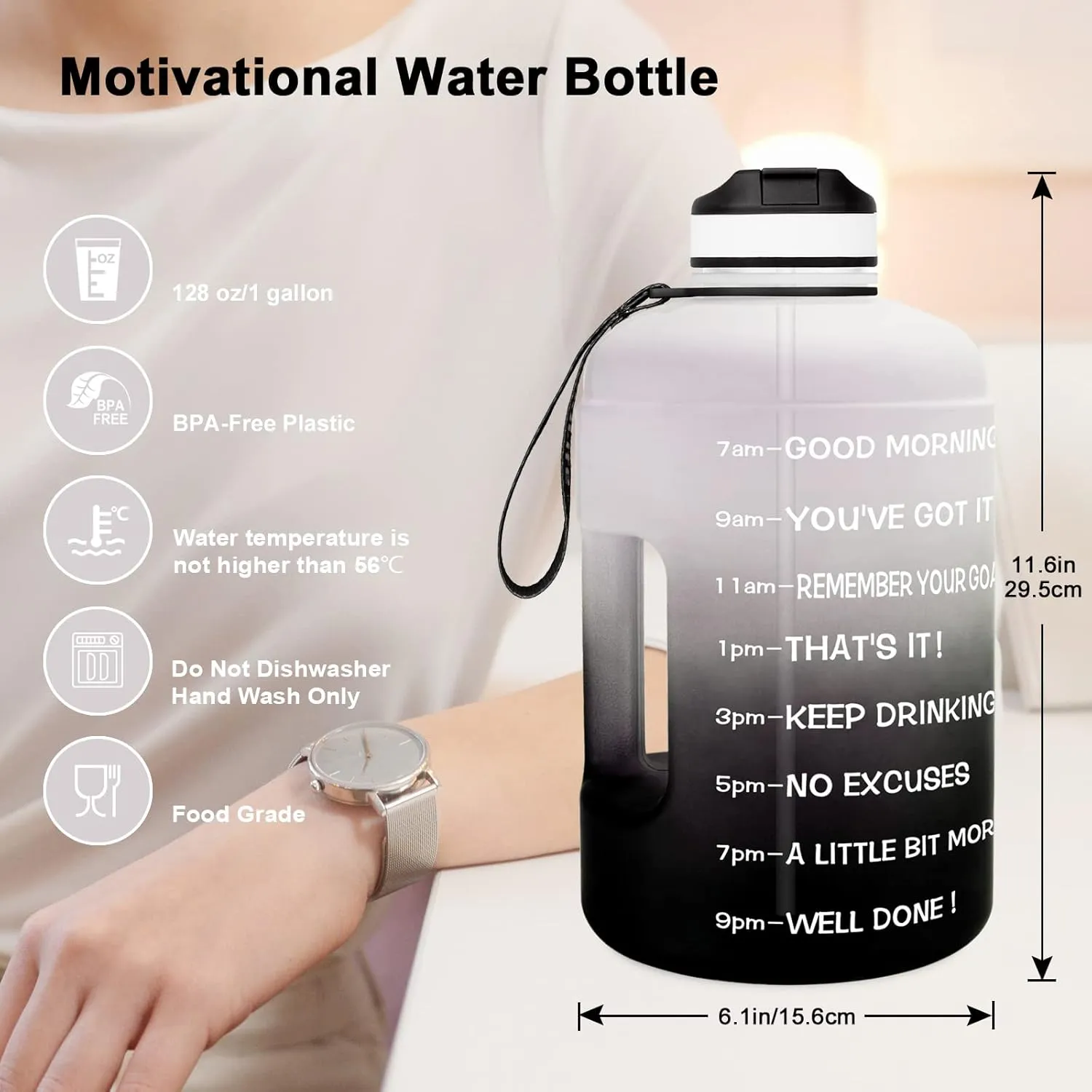 QuiFit Motivational Gallon Water Bottle - with Straw & Time Marker BPA Free Large Reusable Sport Water Jug with Handle for Fitness Outdoor Enthusiasts Leak-Proof