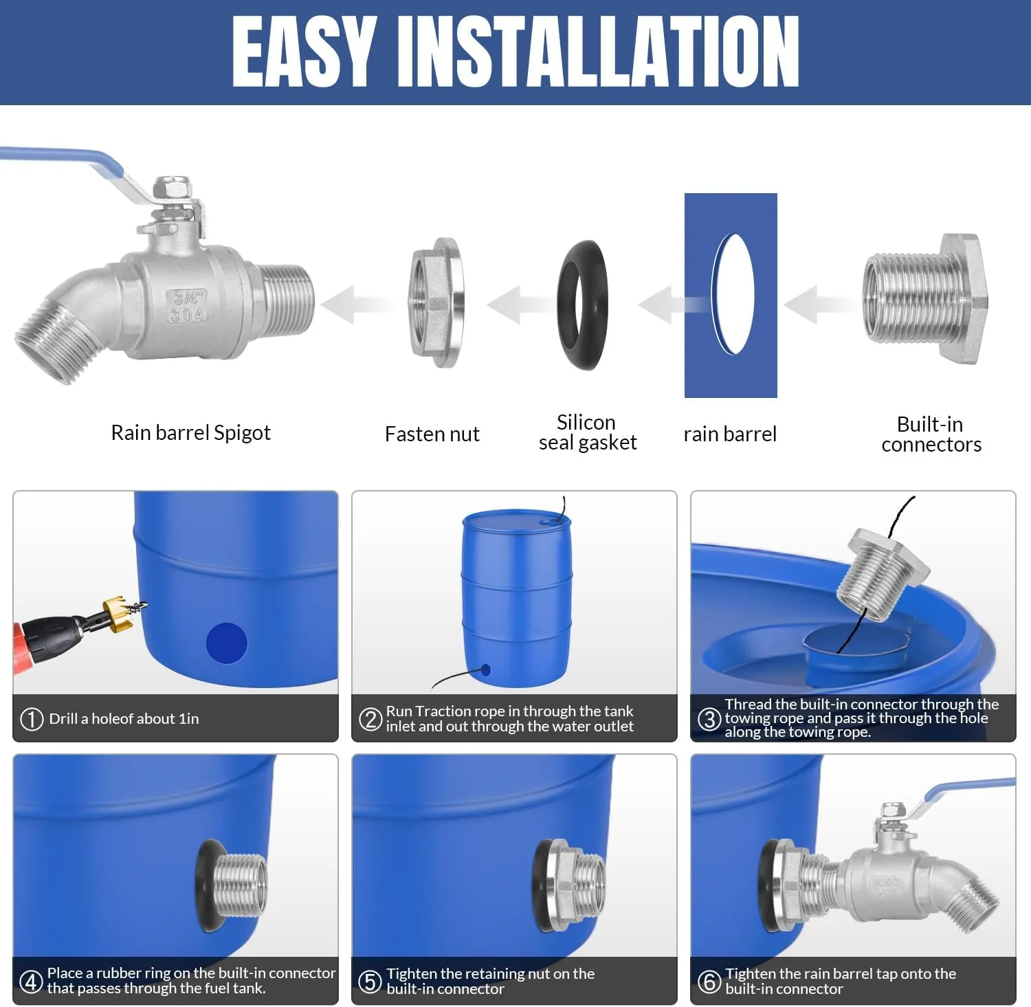 Rain Barrel Spigot Kit High Flow Spigot for Water Barrel 304 Lead-Free Compliant Stainless Steel Faucet for Rain Barrels 3/4"GHT Rain Barrel Quarter Turn Spigot with Bulkhead Fitting