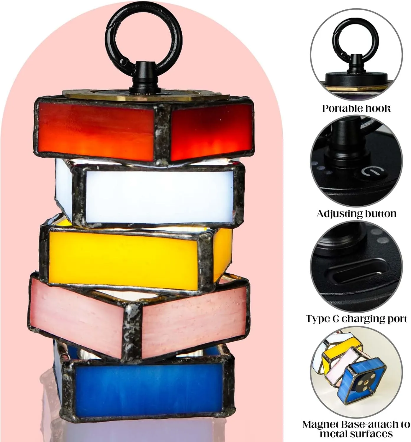 Rainbow Handmade Tiffany Stained Glass LED Camping Lantern,Type C Rechargeable,with Magnet,5 Light Modes,2000mAh IPX5 Waterproof Portable Emergency Flashlight,Pretty Camping Gear