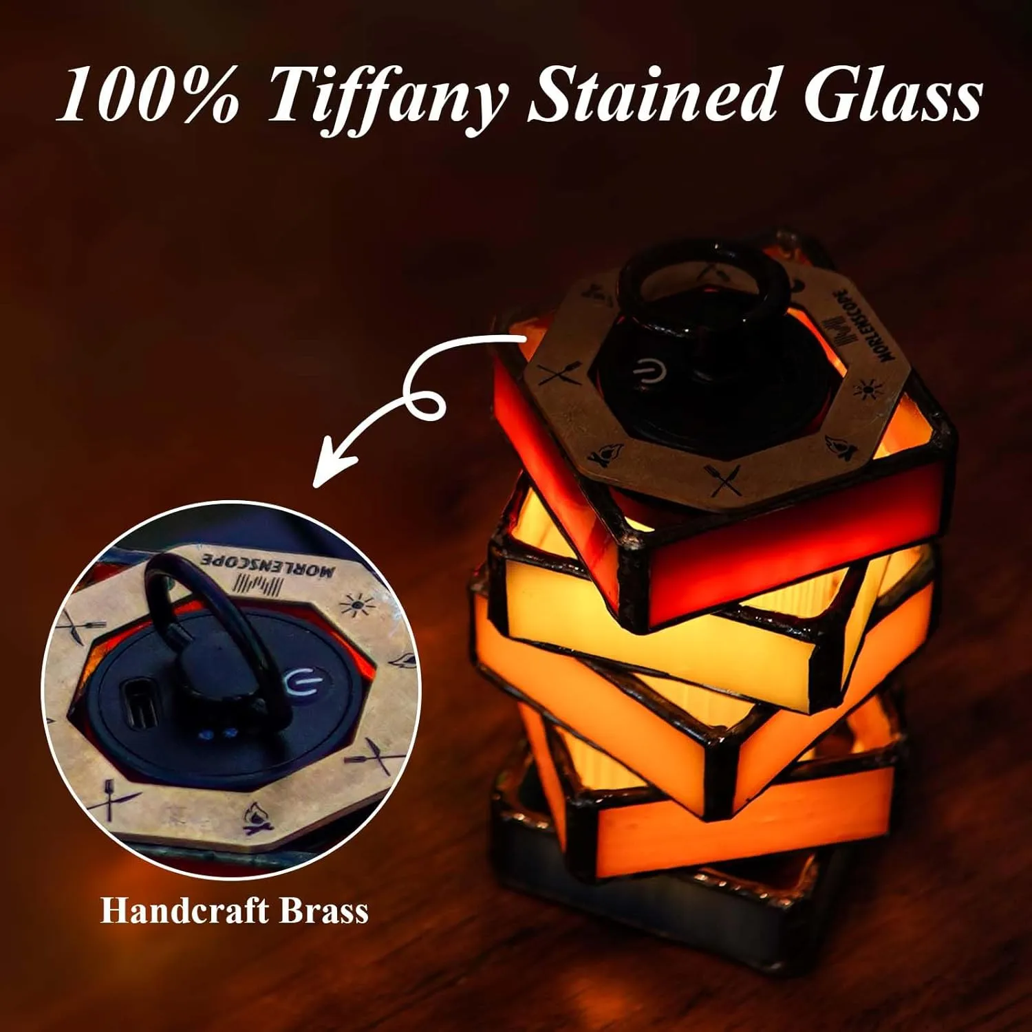 Rainbow Handmade Tiffany Stained Glass LED Camping Lantern,Type C Rechargeable,with Magnet,5 Light Modes,2000mAh IPX5 Waterproof Portable Emergency Flashlight,Pretty Camping Gear