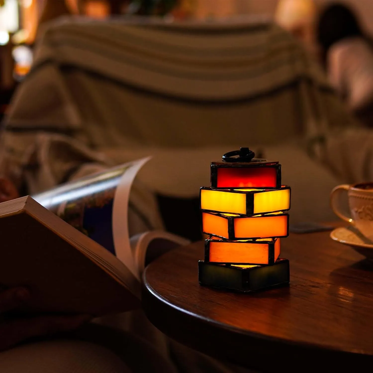 Rainbow Handmade Tiffany Stained Glass LED Camping Lantern,Type C Rechargeable,with Magnet,5 Light Modes,2000mAh IPX5 Waterproof Portable Emergency Flashlight,Pretty Camping Gear