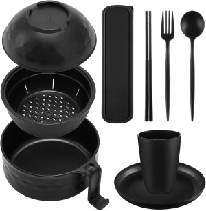 Ramen Cooker Microwavable Set Camping Mess Kit for 1 Person Wheat Straw Dinnerware Sets with 33oz Ramen Bowl,Plates,Cups and Cutlery Box,Dishwasher Set Camping College Dorm Utensils(Black)