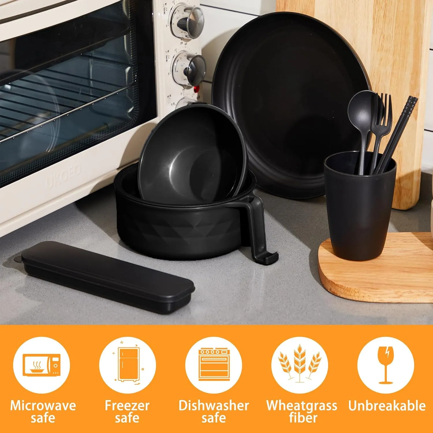 Ramen Cooker Microwavable Set Camping Mess Kit for 1 Person Wheat Straw Dinnerware Sets with 33oz Ramen Bowl,Plates,Cups and Cutlery Box,Dishwasher Set Camping College Dorm Utensils(Black)