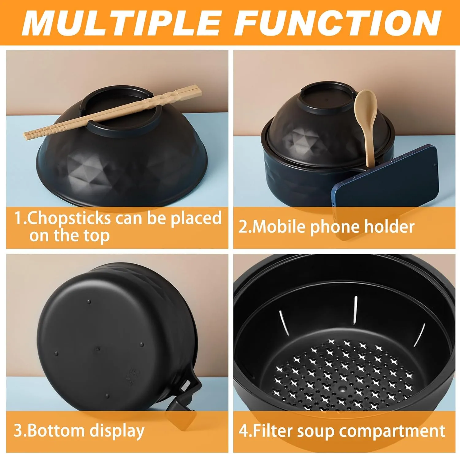 Ramen Cooker Microwavable Set Camping Mess Kit for 1 Person Wheat Straw Dinnerware Sets with 33oz Ramen Bowl,Plates,Cups and Cutlery Box,Dishwasher Set Camping College Dorm Utensils(Black)