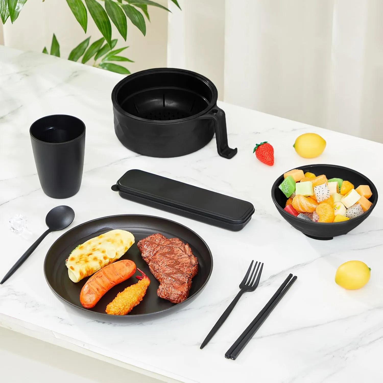 Ramen Cooker Microwavable Set Camping Mess Kit for 1 Person Wheat Straw Dinnerware Sets with 33oz Ramen Bowl,Plates,Cups and Cutlery Box,Dishwasher Set Camping College Dorm Utensils(Black)