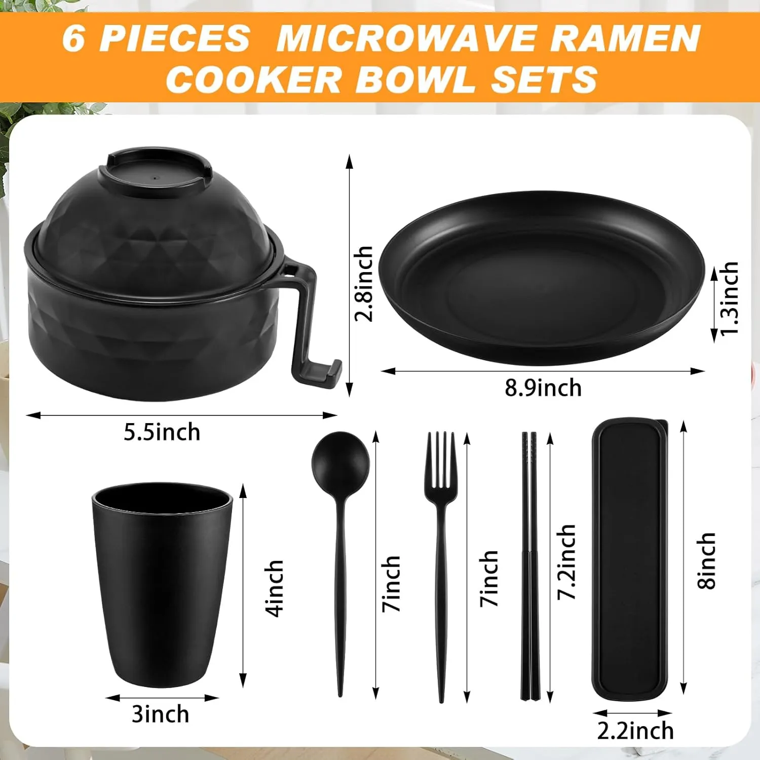 Ramen Cooker Microwavable Set Camping Mess Kit for 1 Person Wheat Straw Dinnerware Sets with 33oz Ramen Bowl,Plates,Cups and Cutlery Box,Dishwasher Set Camping College Dorm Utensils(Black)