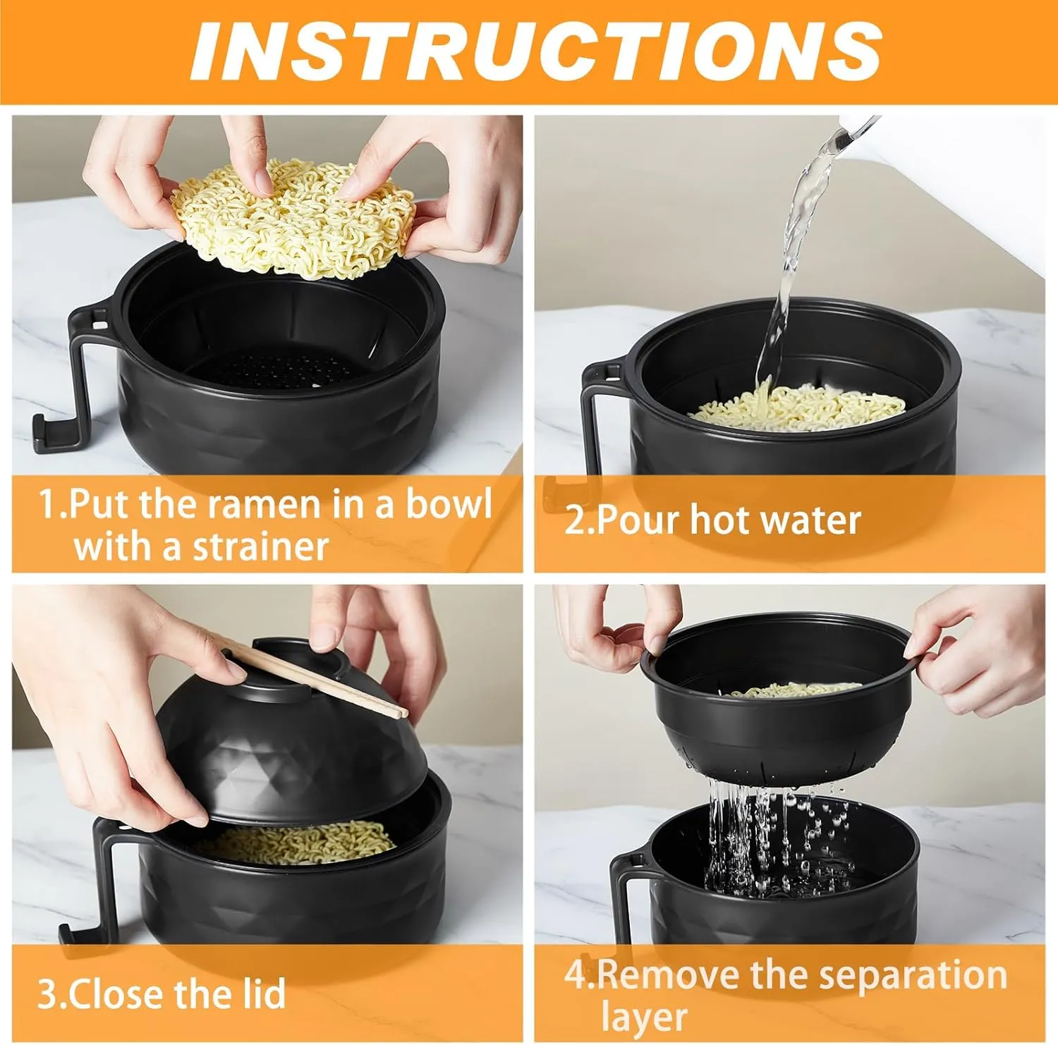 Ramen Cooker Microwavable Set Camping Mess Kit for 1 Person Wheat Straw Dinnerware Sets with 33oz Ramen Bowl,Plates,Cups and Cutlery Box,Dishwasher Set Camping College Dorm Utensils(Black)
