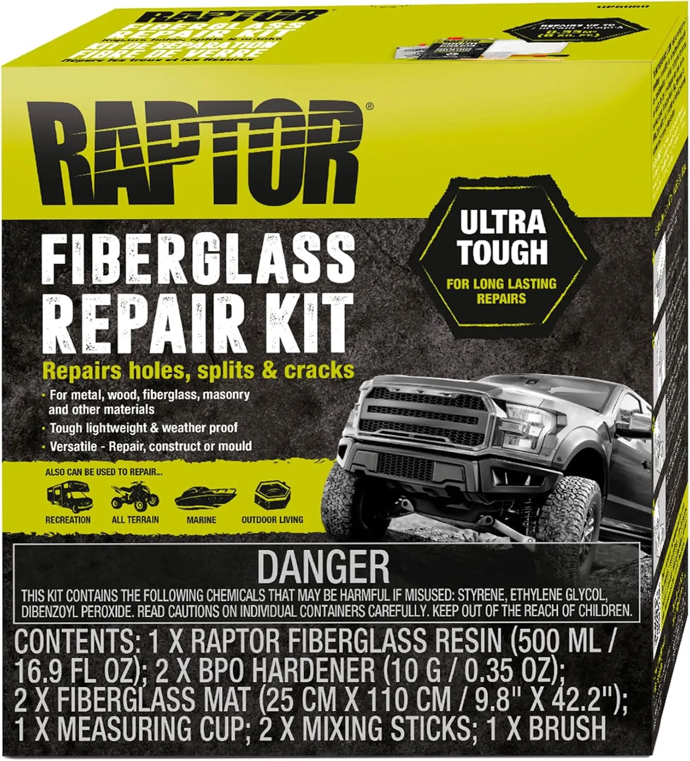 Raptor Fiberglass Repair Kit, Ultra Tough, for Long-Lasting Repairs On Holes, Splits & Cracks, Automotive Repair Kit