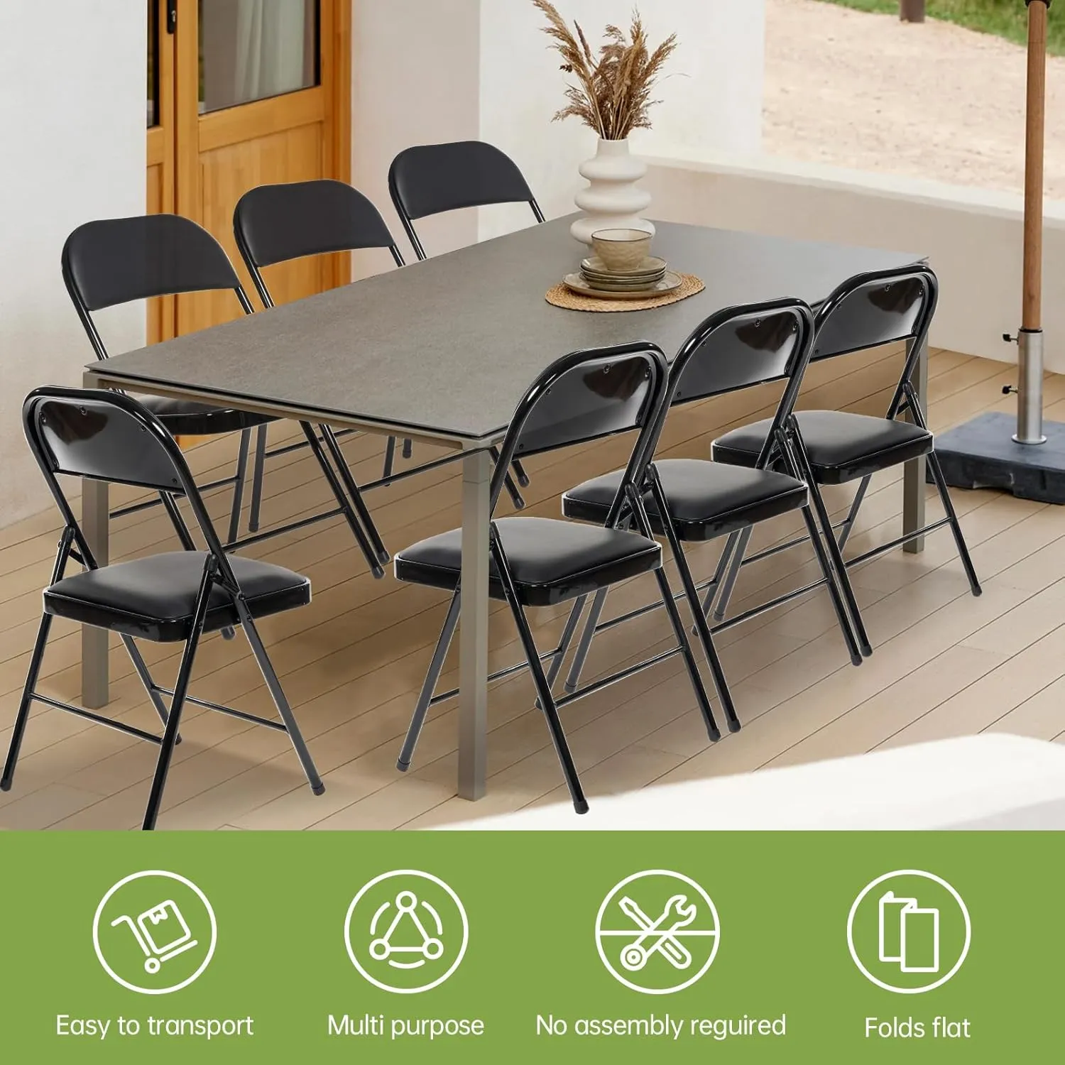 Real Relax 8 Pack Folding Chairs with Padded Seat, Leather Folding Chairs for Home and Office, Indoor and Outdoor Events Black
