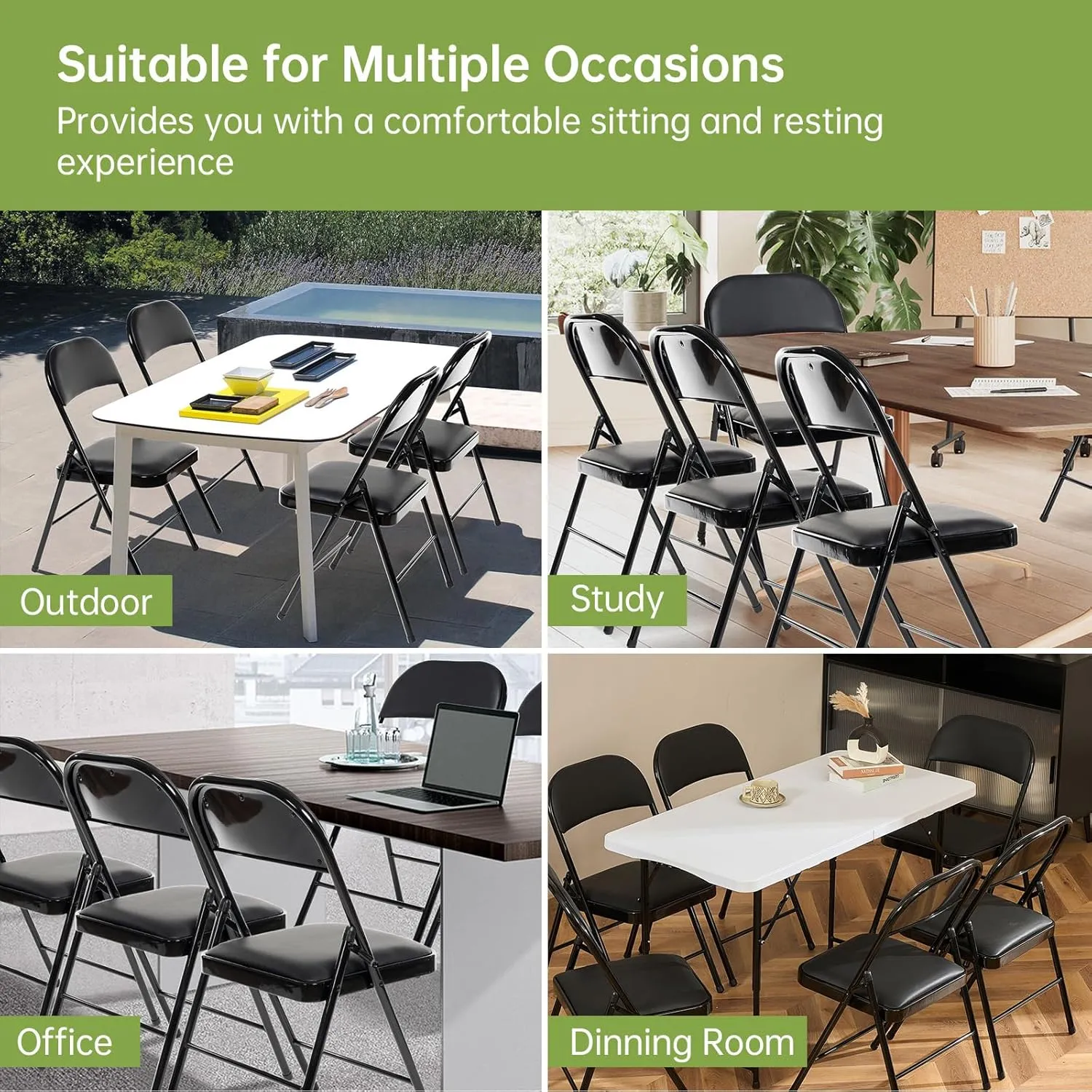 Real Relax 8 Pack Folding Chairs with Padded Seat, Leather Folding Chairs for Home and Office, Indoor and Outdoor Events Black