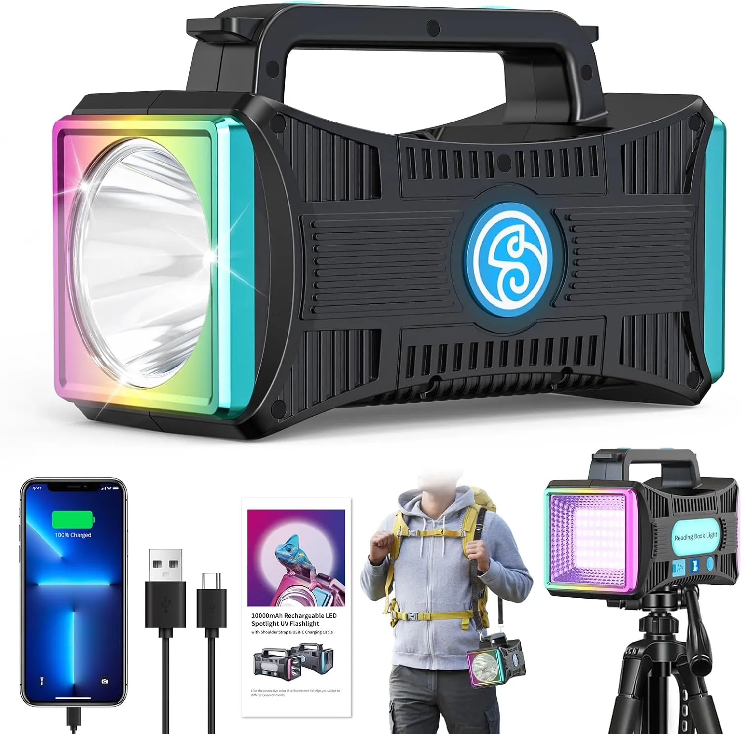 Rechargeable Flashlight, LED Spotlight Flashlight 10000 Capacity 6000LM 30h Ultra-Long Standby UV Flashlight Blacklight Waterproof with USB Output as a Power Bank